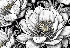 Poppy, water lily, Lily of the valley, daffodil, cosmo, rose, daisy flower bouquet, portrait style tattoo idea