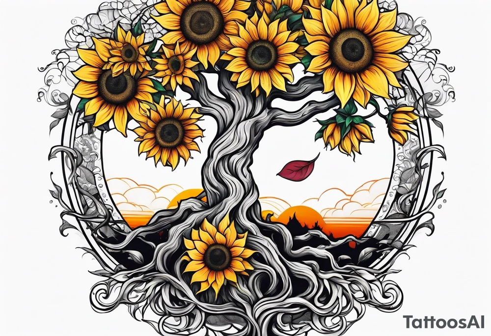 Feminine Yggdrasil tree with two sunflowers tattoo idea