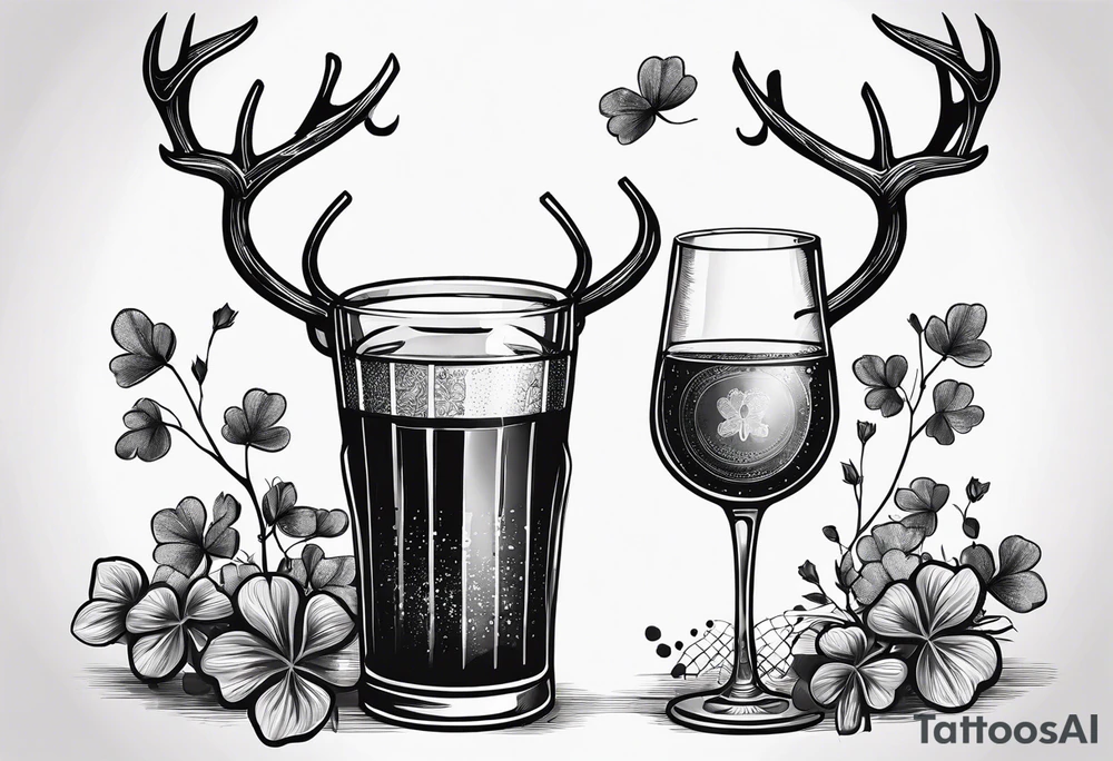 two glasses cheersing, one glass has a shamrock on it, the others a set of antlers tattoo idea