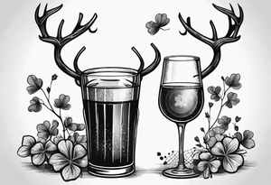 two glasses cheersing, one glass has a shamrock on it, the others a set of antlers tattoo idea