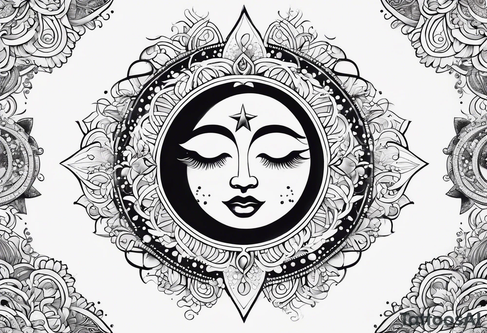 Feminine Sun and moon. long rectangular sternum swirls with dots and stars tattoo idea