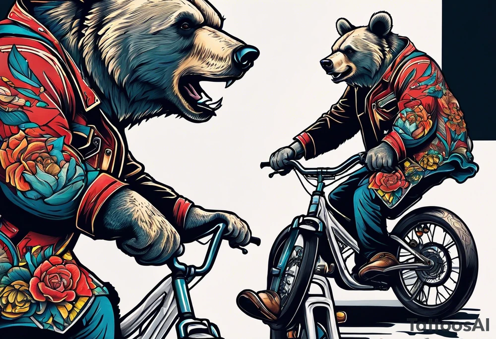 BEAR RIDING A BIKE PLAYING GUITAR tattoo idea