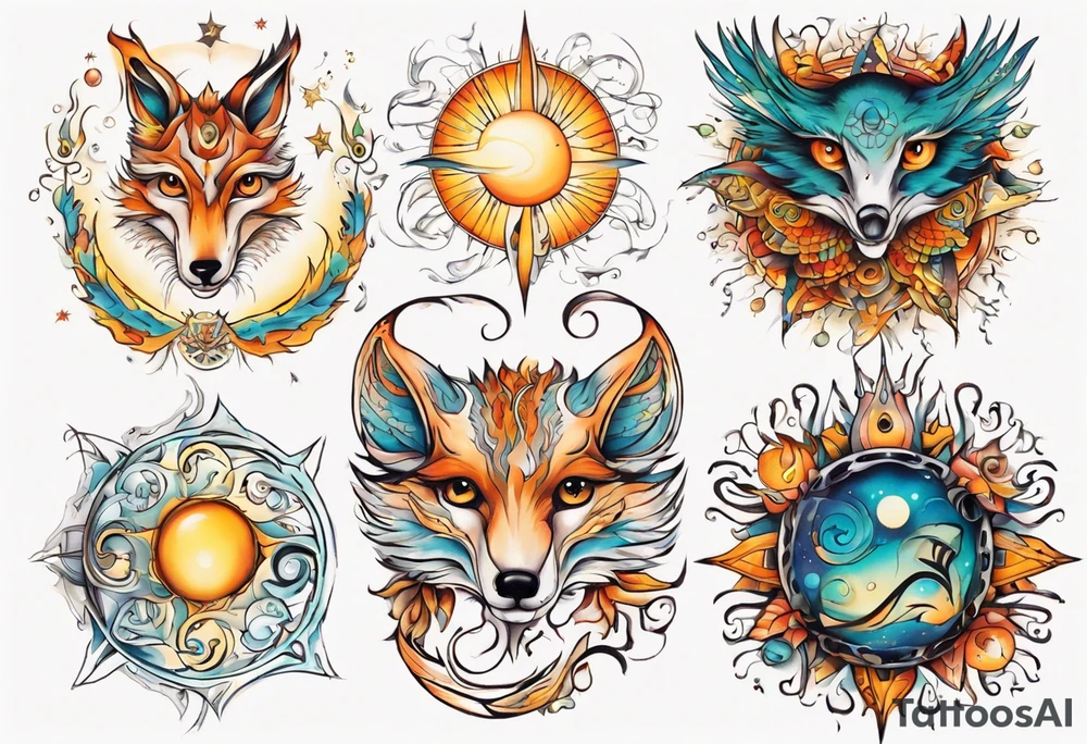 fisch, fuchs und eule , symetrie  sonne, universum, bunt, " sapere aude" tattoo idea