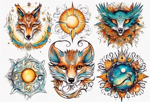 fisch, fuchs und eule , symetrie  sonne, universum, bunt, " sapere aude" tattoo idea