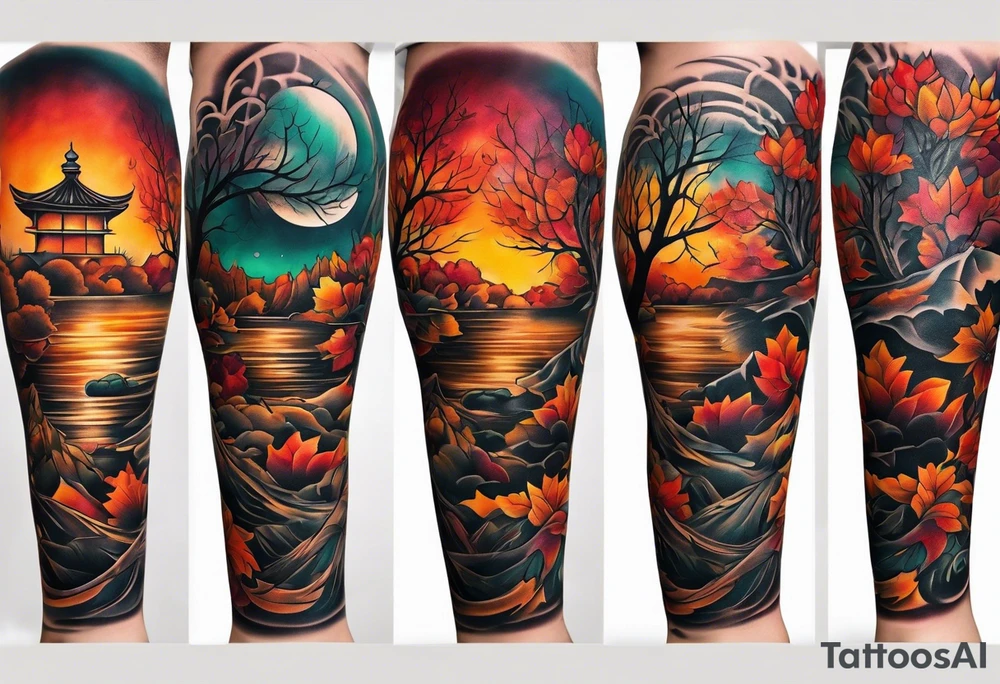 knee tattoo in fall color masculine design with no faces tattoo idea