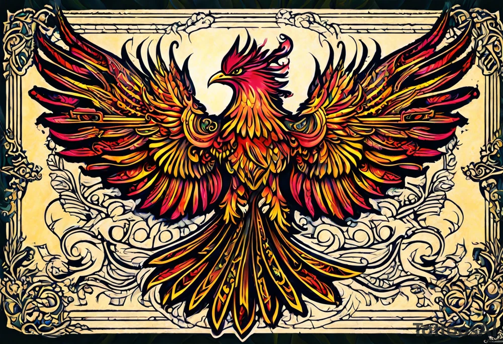 russian firebird phoenix in-flight with very long fancy tail "Isaiah 43: 18-19" tattoo idea
