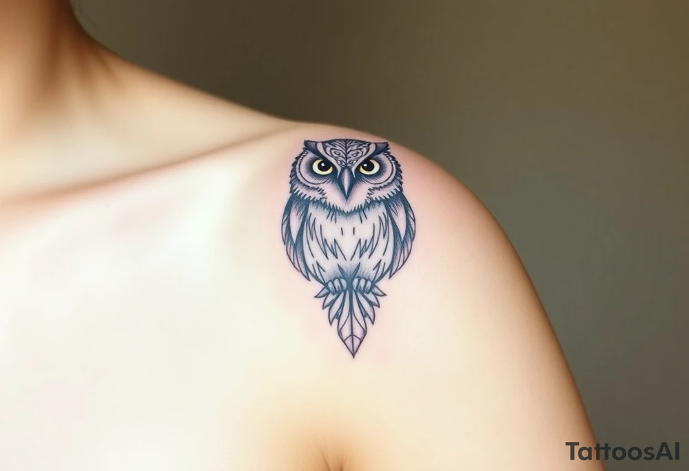 powerful, owl, front facing and piercing eyes tattoo idea