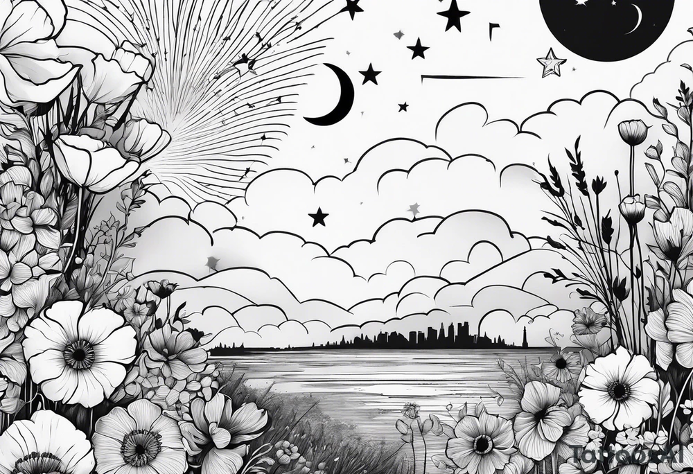 spine tattoo, poppy, stars, moon, cloud tattoo idea