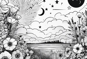 spine tattoo, poppy, stars, moon, cloud tattoo idea