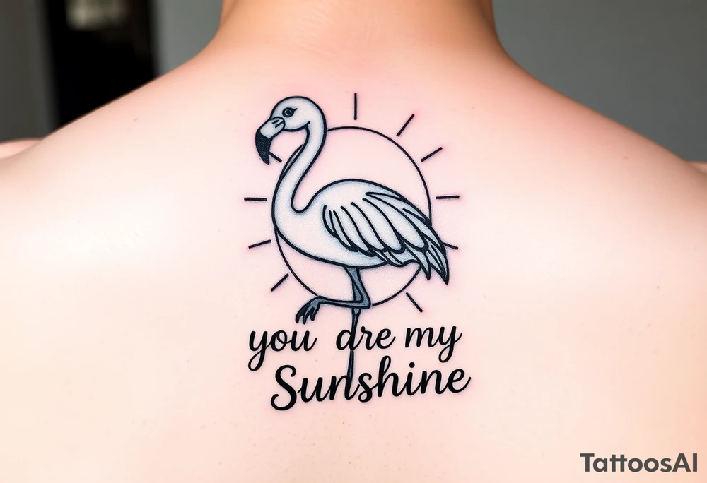 Cute cartoonish Flamingo with a sun and the saying you are my sunshine with colors tattoo idea
