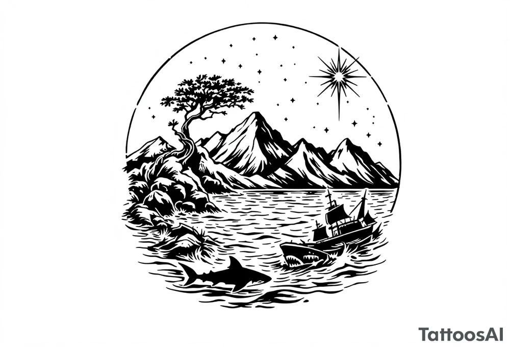 tattoo that has an acacia tree with mountains, ocean with a ship wreck with sharks and the northern star tattoo idea