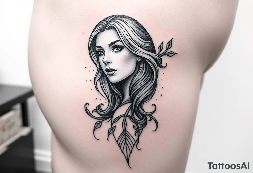Full thigh tattoo with pretty girl and art work tattoo idea
