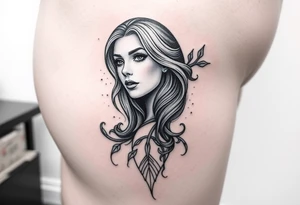 Full thigh tattoo with pretty girl and art work tattoo idea