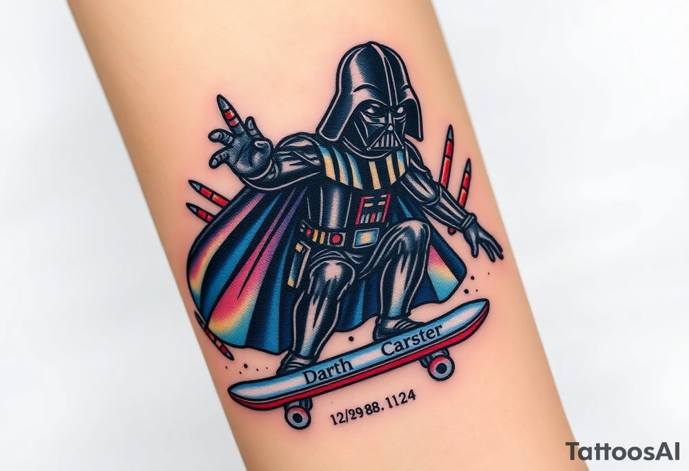 Darth Vader skateboarding > bullets > in loving memory > colors
add words "Darth Carter" to skateboard
add date 12/29/88-01/06/24 tattoo idea