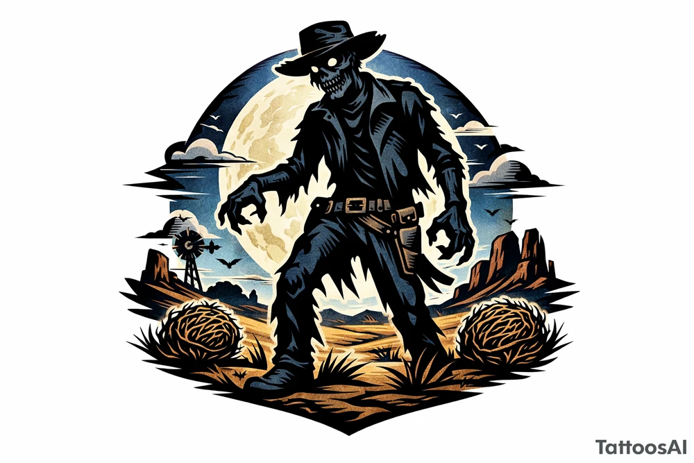 Zombie cowboy silhouette on a moonlit prairie, tumbleweeds rolling. tattoo idea
