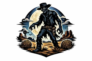 Zombie cowboy silhouette on a moonlit prairie, tumbleweeds rolling. tattoo idea
