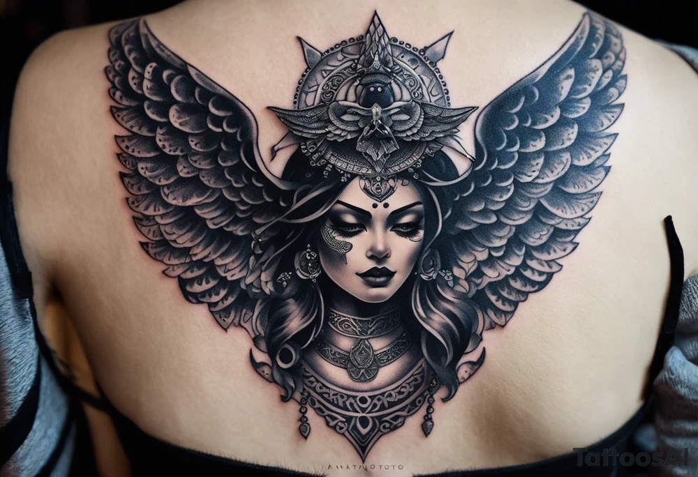 black kali, goddess pirate, alien, angel, pachamama, valkrye, warrior, flying, skull, lotus azul, wing, eagle, zenza resonance, stars, 5D, anahata chakra, death, durga, riding on a tiger, flying lady, chest tatoo tattoo idea