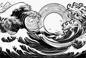 daytime yin swirl with sun and ocean waves imagery in style of Hokusai with night time yang swirl with moon and fir trees and mountains. edges should be blurred tattoo idea