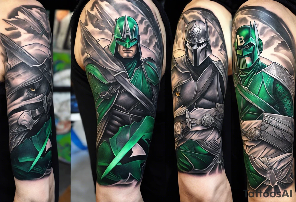 Full arm sleeve tattoo extending from shoulder to wrist featuring the battle of Helms Deep with character such as Anakin Skywalker, Obi Wan Kenobi, Darth Vader, Superman, Batman, Green Lantern, Dark Magician and Blue-Eyes White Dragon from Yu-Gi-Oh!, and Captain America added in to a panned out scenic battle tattoo idea