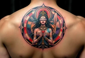 A blindfolded goddess standing in the center of a cosmic circle, with one hand holding a feather and the other a heart, symbolizing fairness in karma. tattoo idea