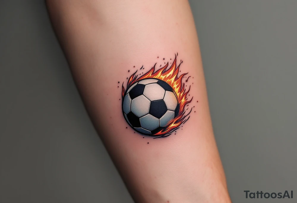 A realistic black and white soccer ball with fiery orange and red flames trailing behind it. tattoo idea