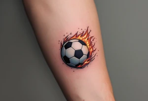 A realistic black and white soccer ball with fiery orange and red flames trailing behind it. tattoo idea