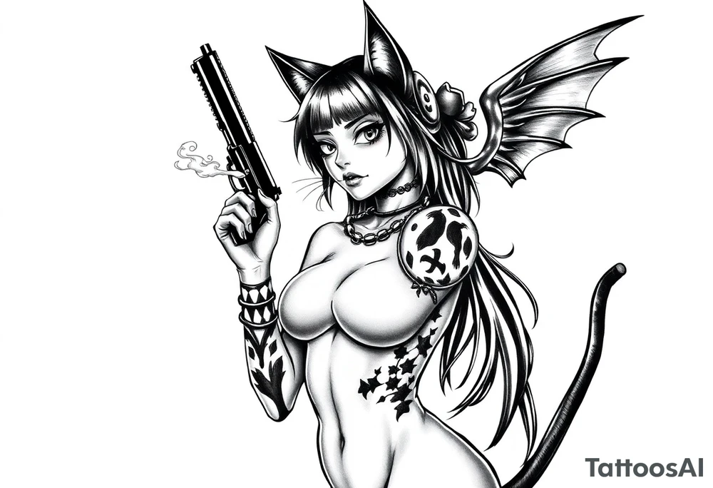 naked catgirl, slut, anime, holding gun, black, smoking, angry tattoo idea