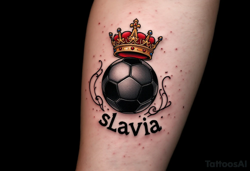 A black ball with a Slavia-red crown hovering above it like a king of the pitch and word "slavia" placed under it. tattoo idea