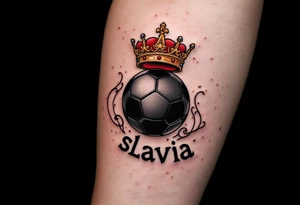 A black ball with a Slavia-red crown hovering above it like a king of the pitch and word "slavia" placed under it. tattoo idea