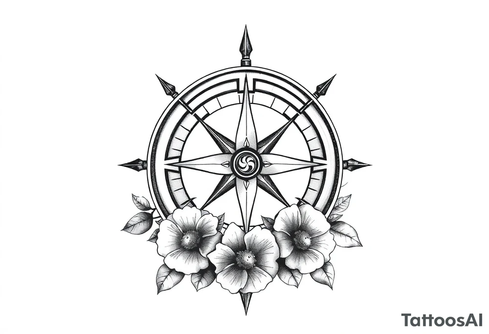 number 6 with a nautical compass in the middle of the circle and a fleur des lis at the center of the compass, with flowers surrounding it tattoo idea