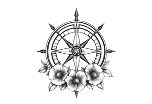 number 6 with a nautical compass in the middle of the circle and a fleur des lis at the center of the compass, with flowers surrounding it tattoo idea