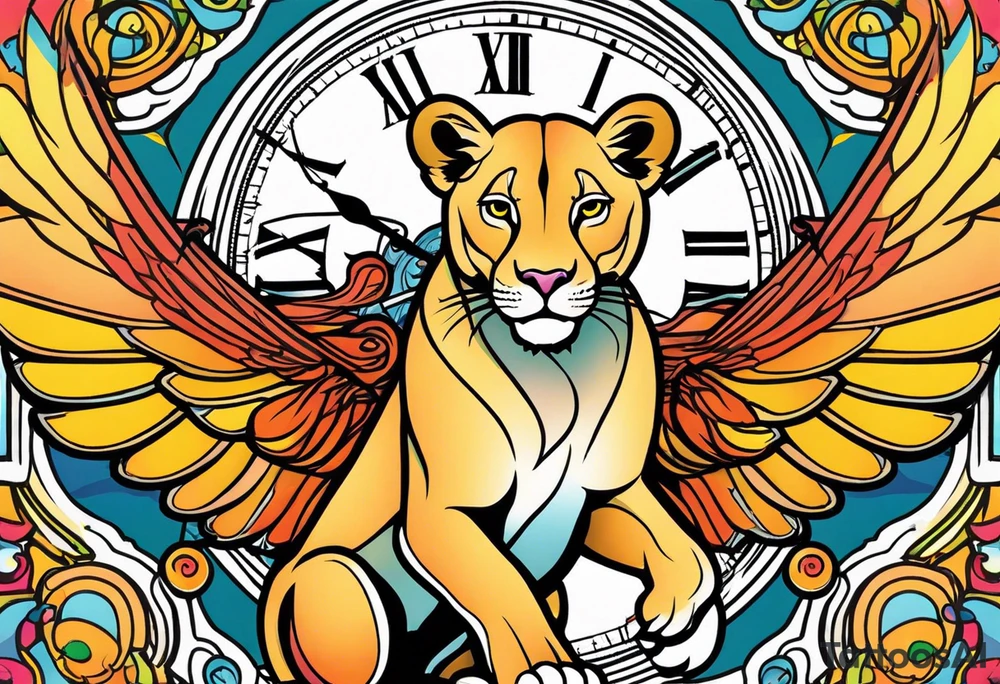 Lioness with wings clock tattoo idea