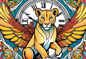 Lioness with wings clock tattoo idea