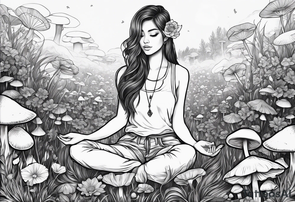 Girl sitting lotus position in field of mushrooms tattoo idea