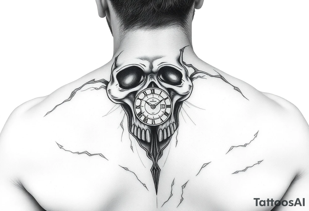 Un rostro masculino dividido en capas como una máscara que se rompe o se desvanece en viento o formas geométricas.

Dentro, se ve una calavera, un reloj o una brújula. tattoo idea