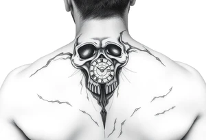 Un rostro masculino dividido en capas como una máscara que se rompe o se desvanece en viento o formas geométricas.

Dentro, se ve una calavera, un reloj o una brújula. tattoo idea