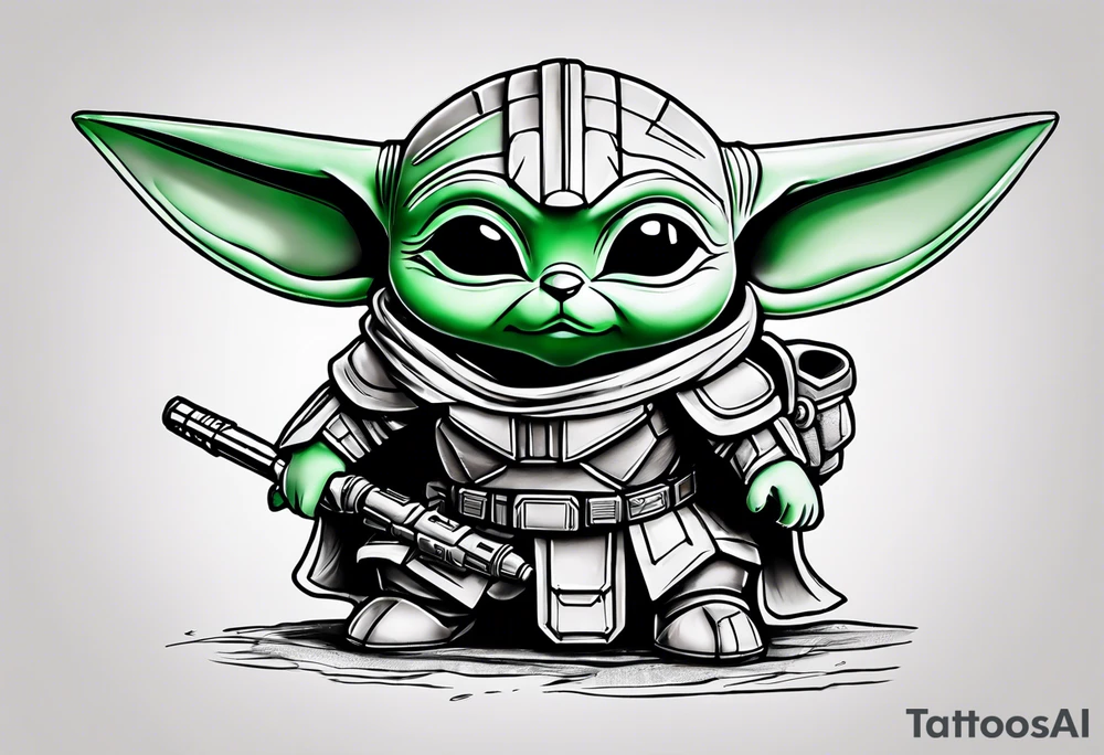 Baby grogu wearing mandalorian armor,  crouched down like he's about to jump,  weilding a green lightsaber. tattoo idea