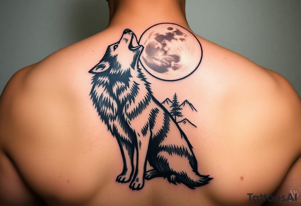 lone wolf howling at full moon with northern lights backdrop tattoo idea