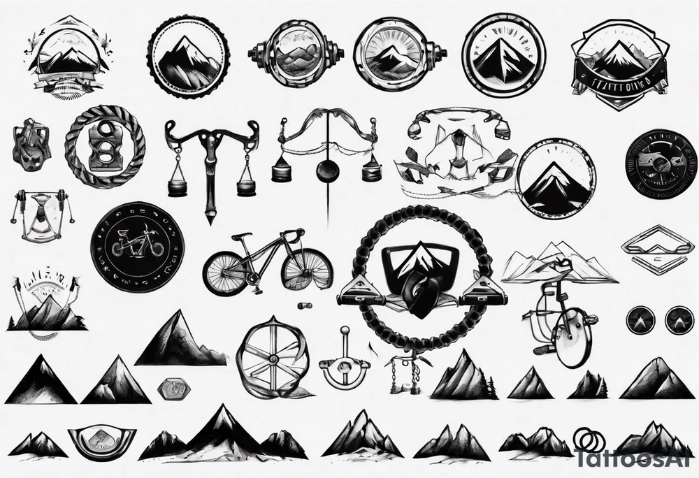 weights, cycle, mountain tattoo idea