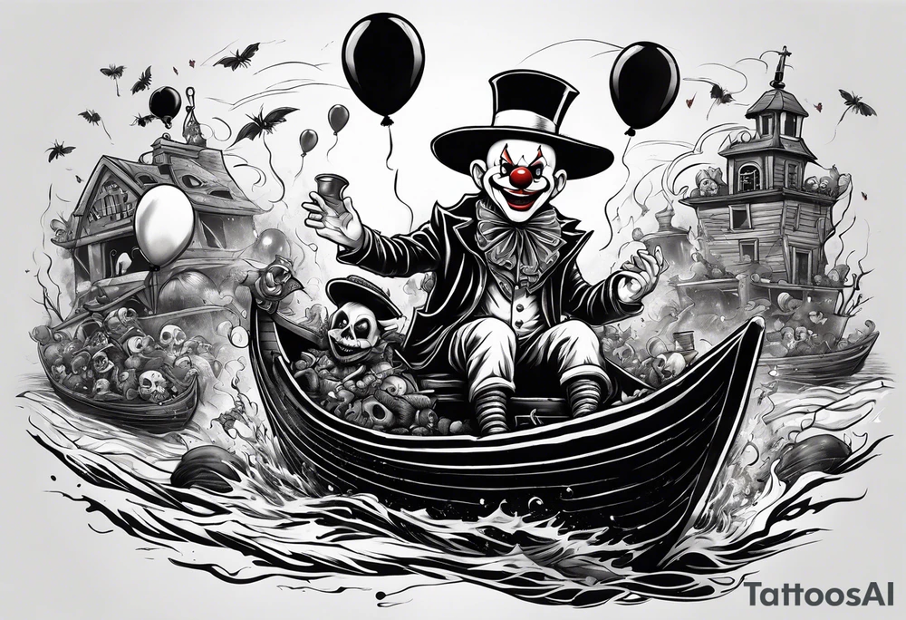 penny wise clown riding on georgies 
paper boat dragging skulls from other dead people behind him through the sewer system with a balloon covered in spiders tattoo idea