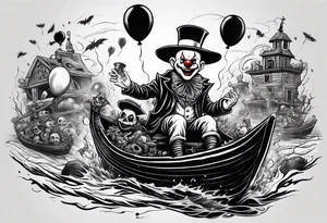 penny wise clown riding on georgies 
paper boat dragging skulls from other dead people behind him through the sewer system with a balloon covered in spiders tattoo idea