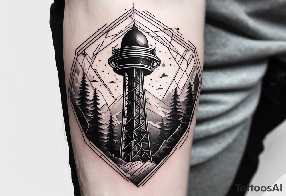 Radio radar tower, geometric patterns around arm, beginning at the wrist tattoo idea