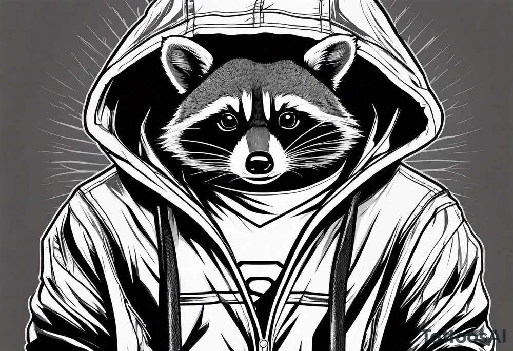 raccoon wearing a Superman hoodie tattoo idea