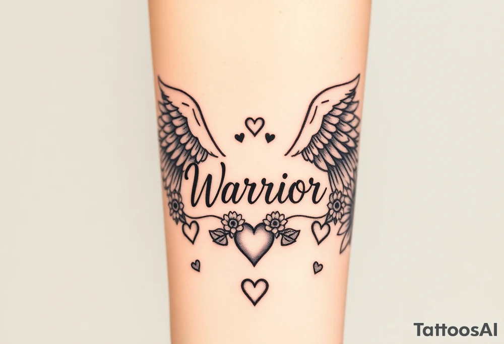 beautiful strong angel wing with word "Warrior" surrounded with sunflowers and hearts tattoo idea