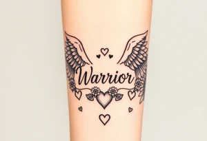 beautiful strong angel wing with word "Warrior" surrounded with sunflowers and hearts tattoo idea