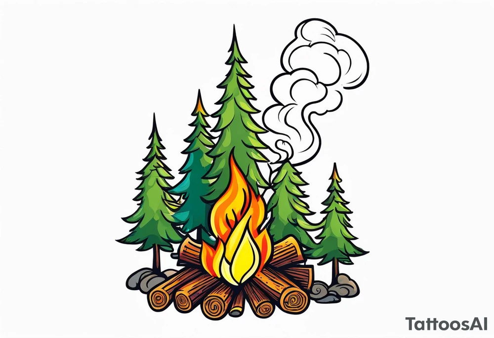 Small campfire in the center, right side: an evergreen tall tree, left side: skinny fast flow steam tattoo idea