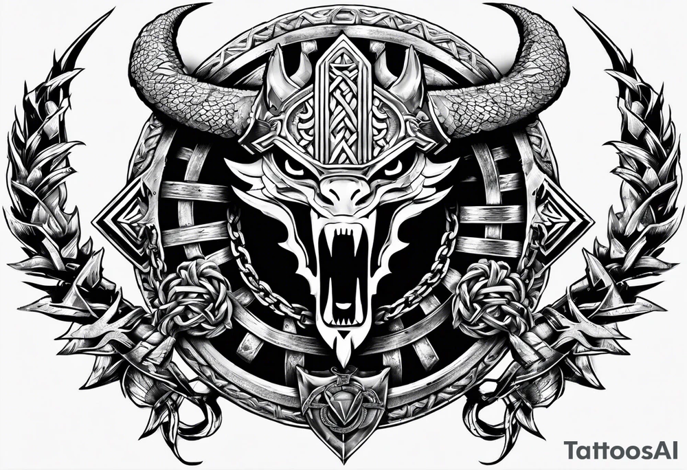 Valhalla sword shield dragon axe Valknut barbed wire chains tattoo idea