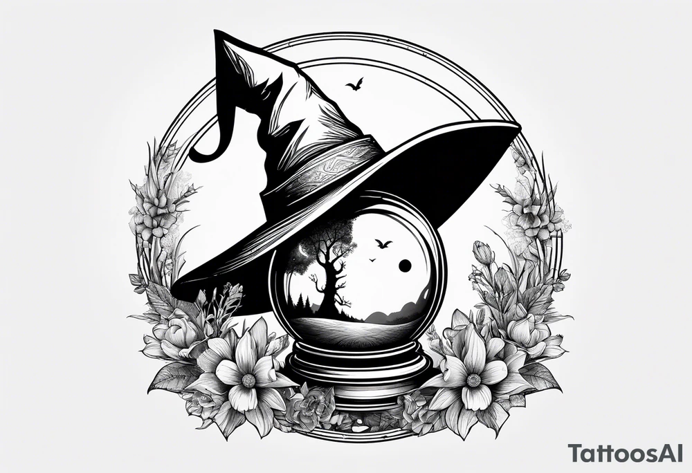 Witch hat balanced on top of a crystal ball sitting on wildflowers tattoo idea