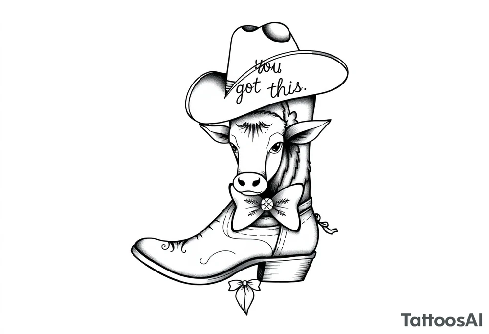 A cowboy boot with a cowboy hat on top the words you got this stitched into the hat and stitched into the boot an orange, a highland cow and a bow tattoo idea