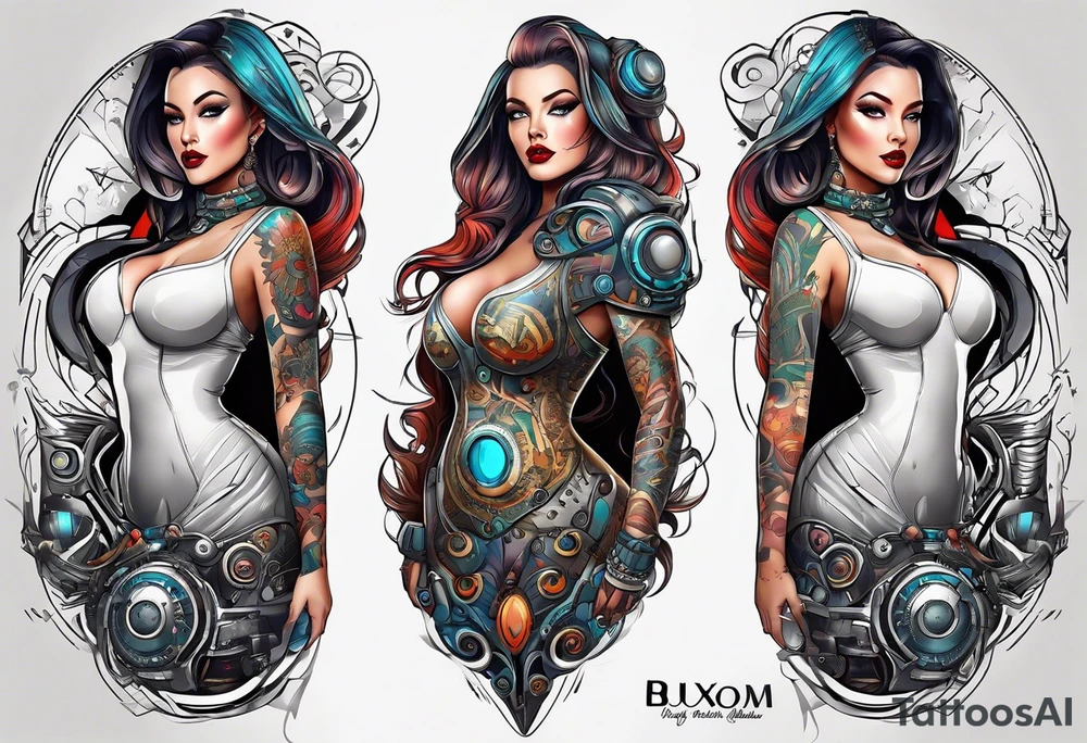 buxom model with full body, retro futuristic, travel and movies tattoo idea